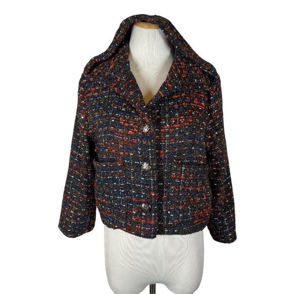 Line + Dot Size S Cropped Tweed Button-Front Jacket Hooded Metallic - Picture 1 of 12
